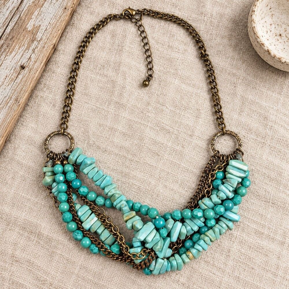 Vintage Avon Faux Turquoise Beaded Multi Strand Gold Tone Statement Necklace